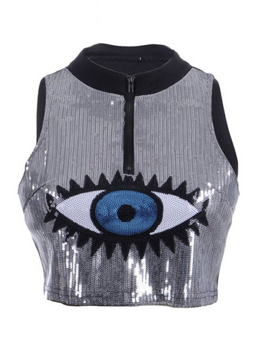 Anna-Kaci S/M Fit Black with Silver Sequin Embellished Seeing Eye Pattern Top